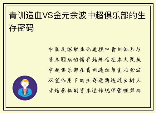 青训造血VS金元余波中超俱乐部的生存密码